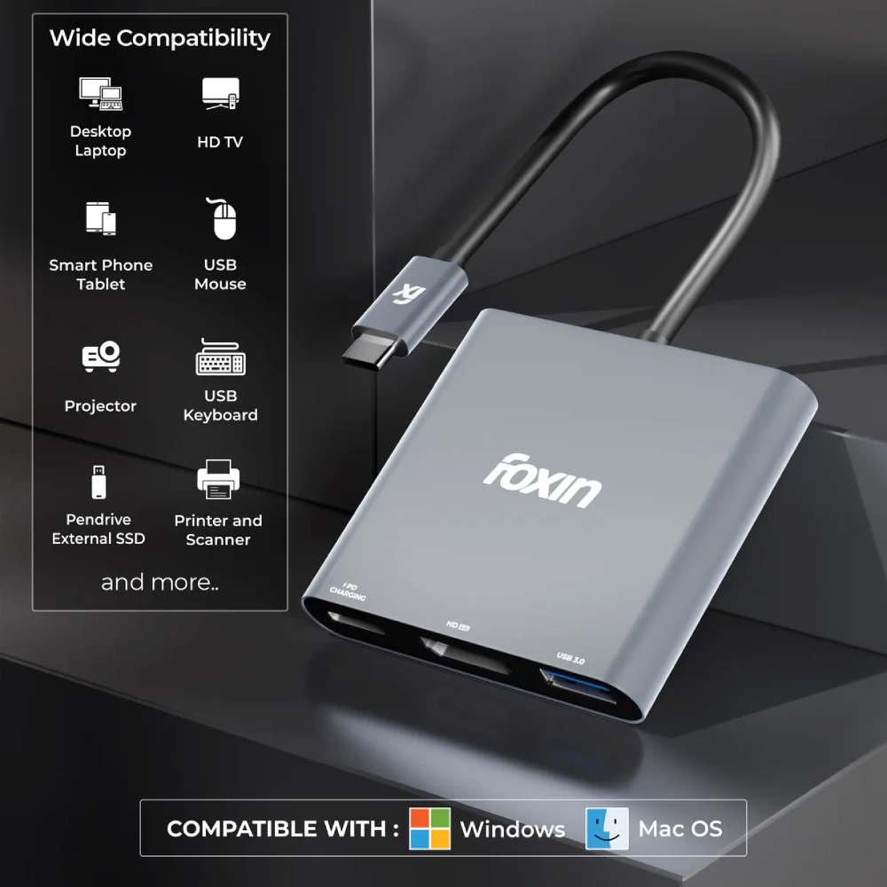 Foxin Type-C Hub 3 in 1 (HDMI | USB 3.0 | PD) C-HUB view 4